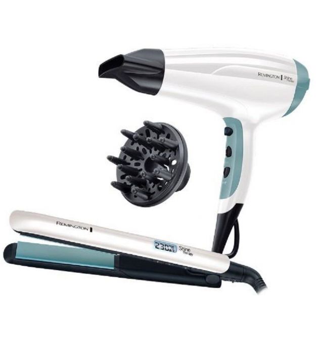 Remington Фен + выпрямитель набор Shine Therapy, 2300Вт, режимов-3, дифузор,щипцы для волос(150-230°С,керамика), бело-голубой