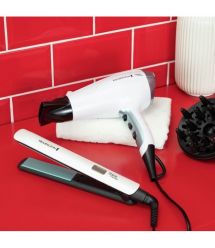 Remington Фен + выпрямитель набор Shine Therapy, 2300Вт, режимов-3, дифузор,щипцы для волос(150-230°С,керамика), бело-голубой