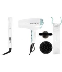 Remington Фен + выпрямитель набор Shine Therapy, 2300Вт, режимов-3, дифузор,щипцы для волос(150-230°С,керамика), бело-голубой