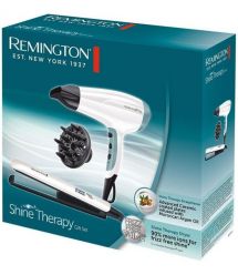 Remington Фен + выпрямитель набор Shine Therapy, 2300Вт, режимов-3, дифузор,щипцы для волос(150-230°С,керамика), бело-голубой
