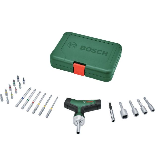 Bosch Отвертка с трещоткой, т-подлебная рукоятка, 20 насадок, 109мм, кейс, сталь CrV