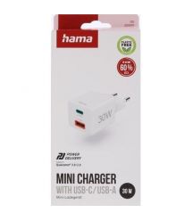 HAMA Зарядное устройство сетевое 30Вт USB-С/USB-A, PD/QC