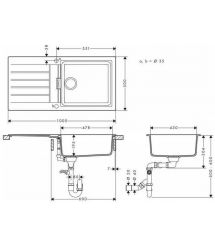 Hansgrohe Мойка кухонная S52, гранит, прямоуг., с крылом, 980х480х190мм, чаша - 1, врезная, серый камень