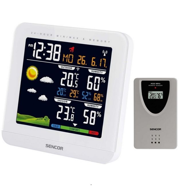 Sencor Метеостанция, внутр/наруж измерение, темп-ра, влажность, время, прогноз погоды, белый Sencor Метеостанция, внутр/наруж измерение, темп-ра, влажность, время, прогноз погоды, белый