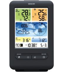 Sencor Метеостанция, внутр/наруж измерение, темп-ра, влажность, время, прогноз погоды, атм. давление, скор. ветра, чёрный