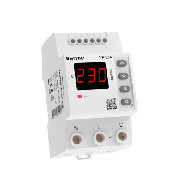 Захисне реле напруги однофазне VP-25AM3R на DIN-рейку, 25А, 5500Вт, 120-270В, тримодульне з індикатором напруги (червоний)