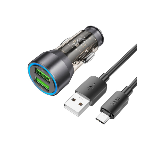Набір АЗУ 12-24V HOCO NZ12+ кабель Micro, 2xUSB, 36W, кабель 1м, Black, Box