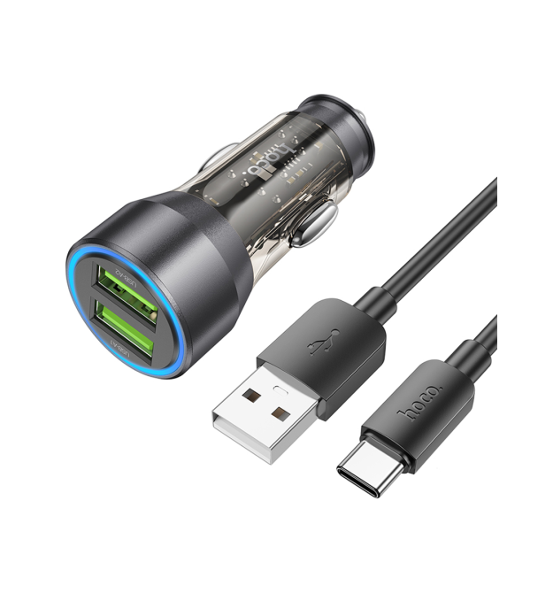 Набір АЗУ 12-24V HOCO NZ12+ кабель Type-C, 2xUSB, 36W, кабель 1м, Black, Box