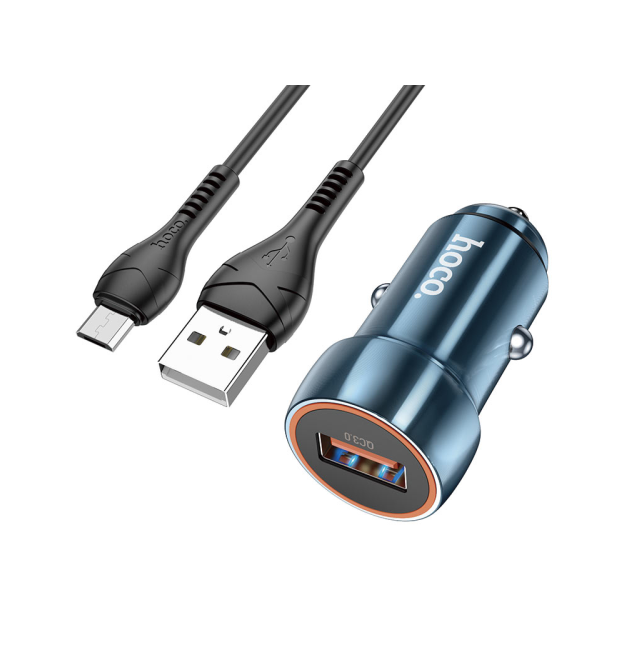 Набір АЗУ 12-24V HOCO Z46+ кабель Micro, 1xUSB, 18W, кабель 1м, Blue, Box