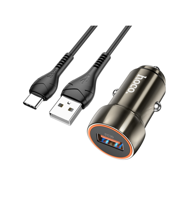 Набір АЗУ 12-24V HOCO Z46+ кабель Type-C, 1xUSB, 18W, кабель 1м, Black, Box