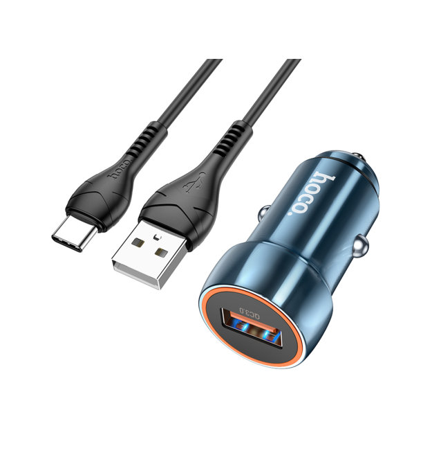 Набір АЗУ 12-24V HOCO Z46+ кабель Type-C, 1xUSB, 18W, кабель 1м, Blue, Box