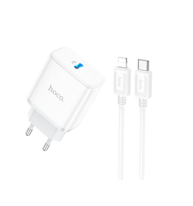 Набір СЗУ 110-240V HOCO C104A+ кабель Lighting, 1xUSB-C, PD20W, кабель 1м, White, Box