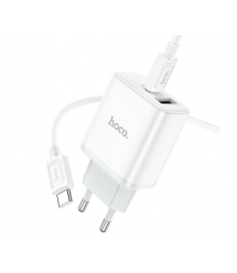 Набір СЗУ 110-240V HOCO C105A+ Type-C кабель, USB-C+USB, PD20W+QC3.0, кабель 1м, White, Box