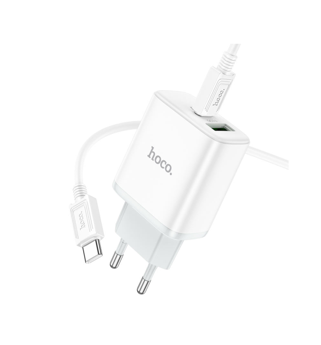 Набір СЗУ 110-240V HOCO C105A+ Type-C кабель, USB-C+USB, PD20W+QC3.0, кабель 1м, White, Box