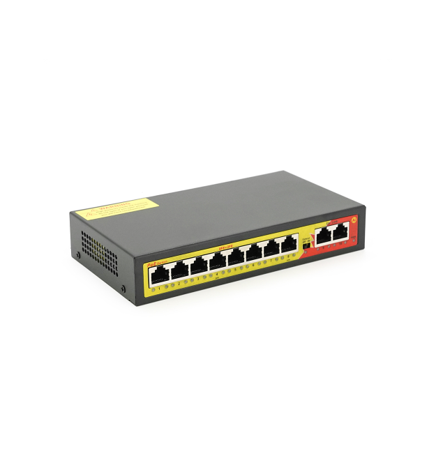 Комутатор POE з 8 портами POE 100Мбіт + 2 порт Ethernet (UP-Link) 100Мбіт, 52V - 2.3A, 100 - 250метрів, корпус - метал, Black, Б