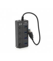 Хаб USB 3.0 4 порти, Black, 5Gb - s живлення від USB, з кнопкою LED - Blue на кожен порт, Blister