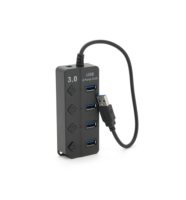 Хаб USB 3.0 4 порти, Black, 5Gb - s живлення від USB, з кнопкою LED - Blue на кожен порт, Blister