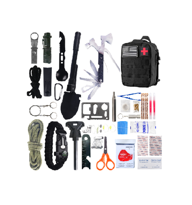 Туристична сумка з набором для виживання, 35 предметів, пиловлагонепроникна, на змійці, (ножиці, лопатка, топорик.ліхтарик, та і
