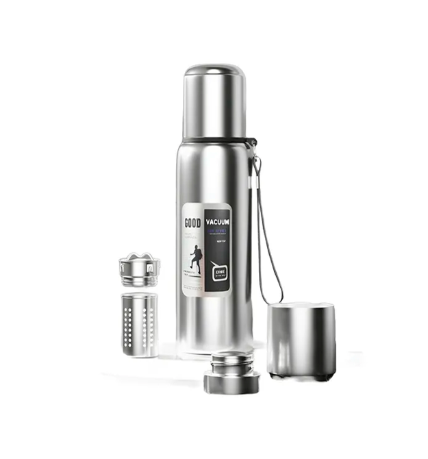 Термос Merlion з нержавіючої сталі, з ситечком, чашкою та ручкою для перенесення, об&aposєм 2000 мл., сірий