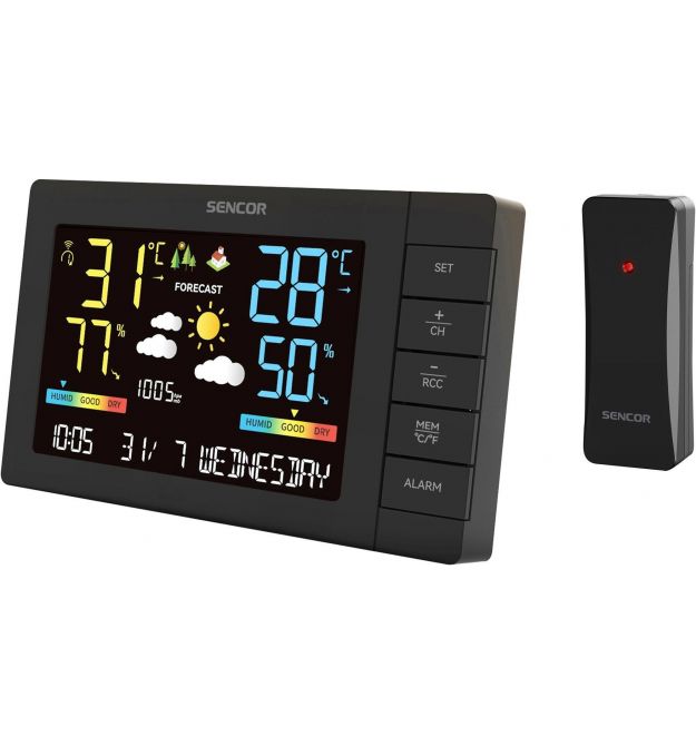 Sencor meteorological station, in/out measurement, AAx3+AAx2, temperature, humidity, time, weather forecast, atmospheric pressur