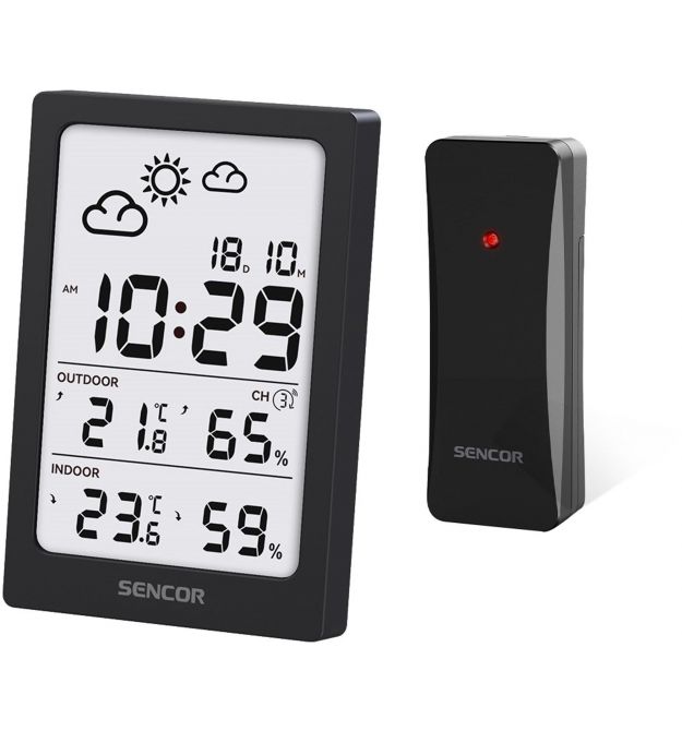 Sencor meteorological station, in/out measurement, AAAx2+AAx2, temperature, humidity, time, black