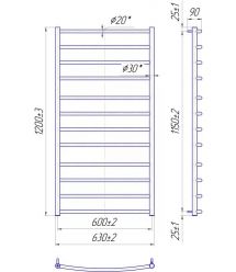 Mario water heated towel rail Classic, 1200x630x120mm, stainless steel, chrome