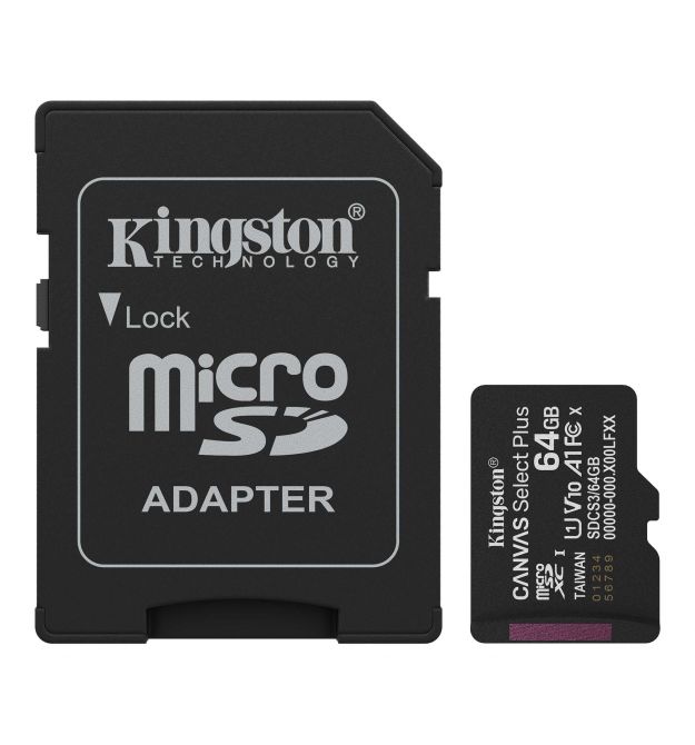 Kingston Карта памяти Kingston microSD 64GB C10 UHS-I A1 V10 R100MB/s + SD