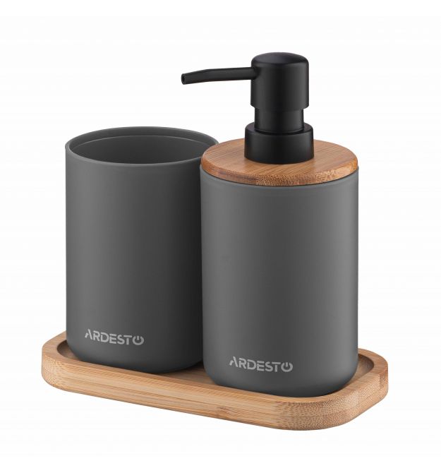 ARDESTO Набор для ванной комнаты Minimalism 360мл, 3 предмета, полипропилен, бамбук, серый темный