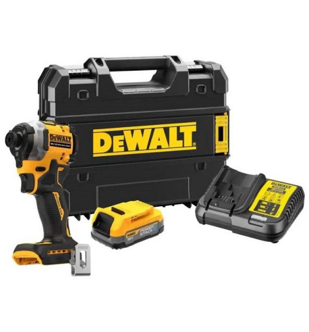 DeWALT XR Li-Ion 18V brushless cordless impact driver PowerStack 1x1.7 Ah 206 Nm 3250 rpm 3800 bpm case and spare part 0.95 kg