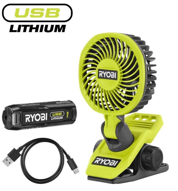 Ryobi Вентилятор аккумуляторный клипса USB Lithium RCF4-120G 4В 2А·ч 3800об·мин вращение 325° поворот 180° 2 скорости 0.29кг