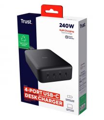 Trust Зарядное устройство сетевое Maxo 240Вт,GaN, 4xUSB-C,PD, чорний