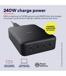 Trust Зарядное устройство сетевое Maxo 240Вт,GaN, 4xUSB-C,PD, чорний
