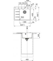 Franke Мойка кухонная Centro, фрагранит, прямоуг., с крылом, 620х500х200мм, чаша- 1, врезная, CNG 611-62 TL, серый камень