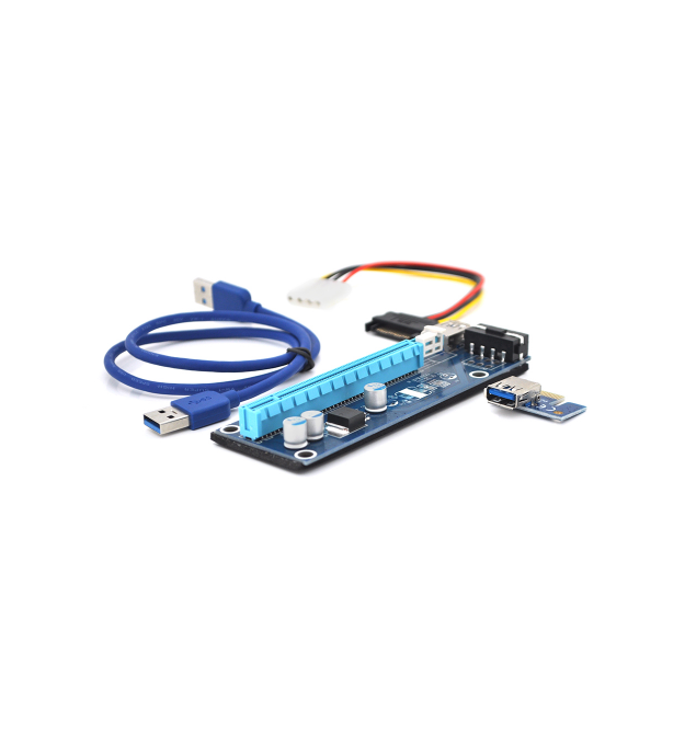 Riser PCI-EX, x1 - x16, 4-pin MOLEX, SATA - 4Pin, USB 3.0 AM-AM 0,6 м (синій), конденсатори F270, Пакет