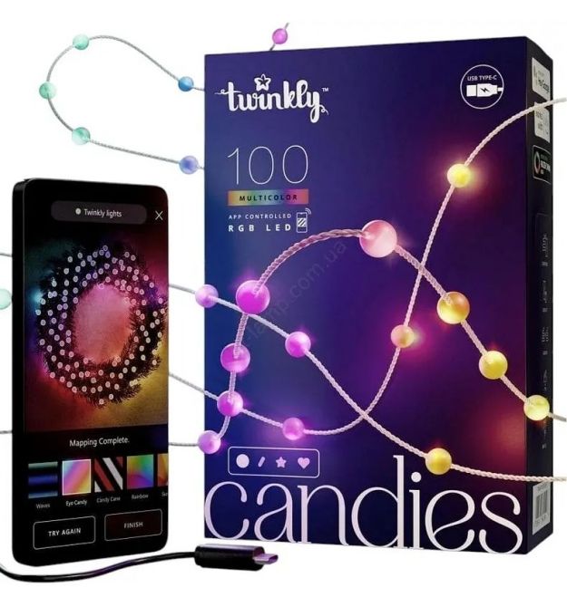 Twinkly Гирлянда Smart LED Twinkly Candies Pearl RGB 100 IP20 6м USB-C кабель зеленый