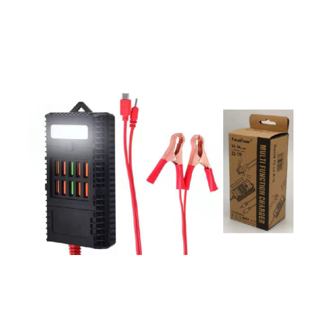 Портативний HUB ZS-09 - 2 із крокодилами на 10*USB2.0 (3A-5А), led, живлення 12В, Black, Box