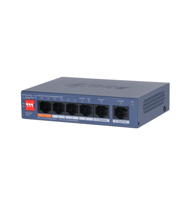 4-портовий керований PoE комутатор DH-CS4006-4ET2GT-60 з 4 портами POE 100Мбіт + 2 порти UP-Link 1000Мбіт, 60Вт