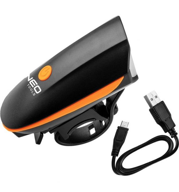 Neo Tools Фонарь велосипедный фронтальный, 250 люмен, 3Вт, USB, 1200мА-год, 3 функции освещения, IPX4