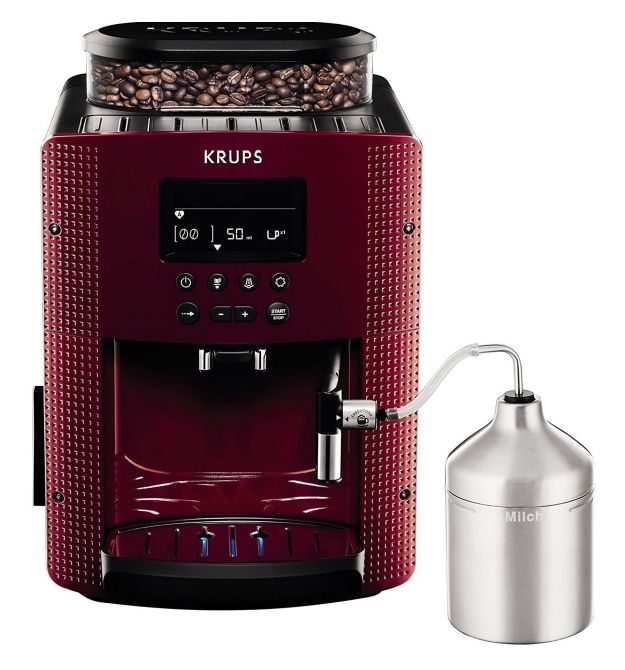 Krups Кофемашина Essential, 1.7л, зерно, автомат.капуч, OLED диспл, метал контейнер для молока, бордово-черный