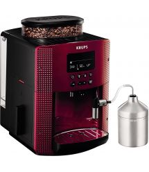 Krups Кофемашина Essential, 1.7л, зерно, автомат.капуч, OLED диспл, метал контейнер для молока, бордово-черный