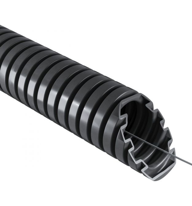 Труба гофрированная электромонтажная с протяжкой самозатухающий 750N-5см Ø20мм ПВХ темно-серая