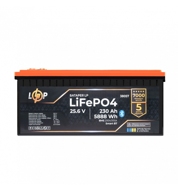 Акумулятор LP LiFePO4 25,6V - 230 Ah (5888Wh) (BMS 200A/100А) пластик Smart BT