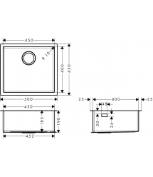 Hansgrohe Мойка кухонная Combi S71, нерж.сталь, прямоуг., без крыла, 500x450x185мм, чаша - 1, врезная/под столешницу, нерж