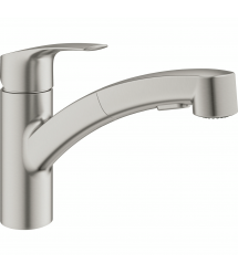 Grohe Смеситель для кухни Via, дл.излива - 227мм, поворотный/вытяжной, 1рычаг, супер сталь