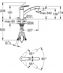 Grohe Смеситель для кухни Via, дл.излива - 227мм, поворотный/вытяжной, 1рычаг, супер сталь