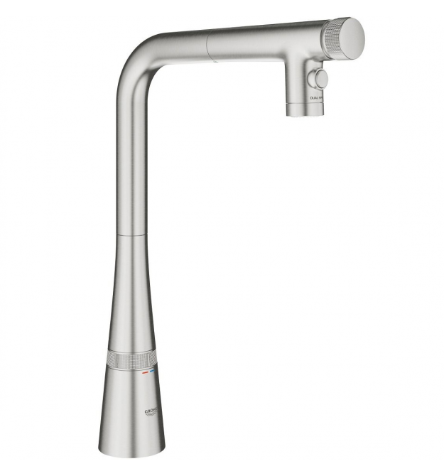 Grohe Смеситель для кухни Scala, дл.излива - 200мм, поворотный, вытяжной, вентиль + кнопка, супер сталь