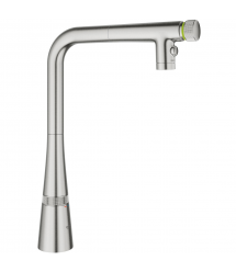 Grohe Смеситель для кухни Scala, дл.излива - 200мм, поворотный, вытяжной, вентиль + кнопка, супер сталь