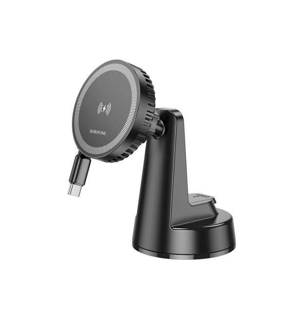 Автотримач BOROFONE BH208 + Wireless Charging 15W, кріплення на торпеду, клямка 50-90мм, Black, Box