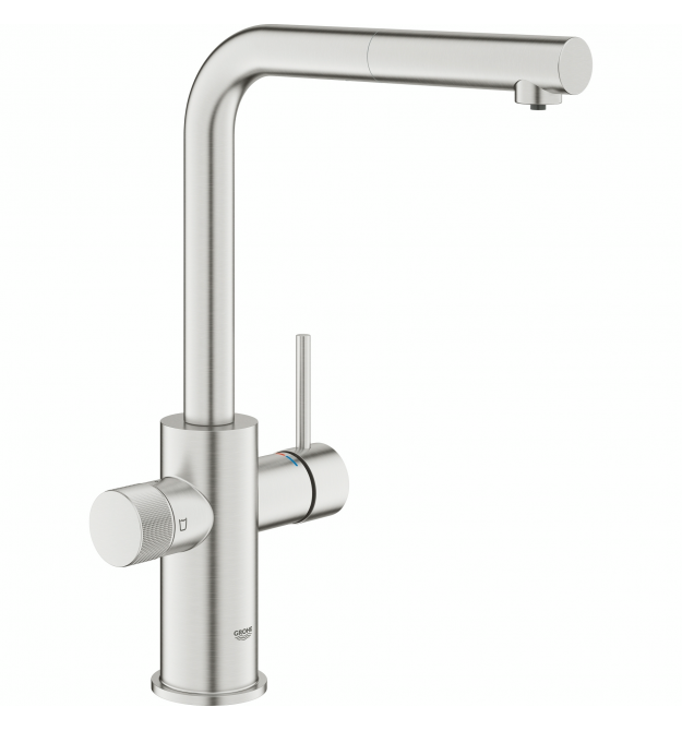 Grohe Смеситель для кухни Blue Pure Minta, дл.излива - 223мм, поворотный/вытяжной, 1+1фильтр, супер сталь