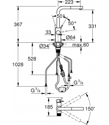 Grohe Смеситель для кухни Blue Pure Minta, дл.излива - 223мм, поворотный/вытяжной, 1+1фильтр, супер сталь
